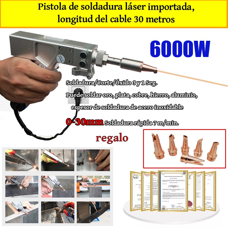 Pistola láser multifunción de 6000 W (soldadura de oro/plata/cobre/hierro/aluminio/acero inoxidable) Espesor de soldadura 0-30 mm (soldadura/corte/eliminación de piedras 3 en 1)