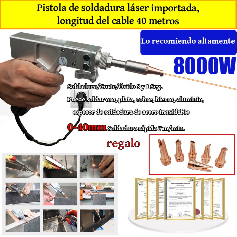 Pistola láser multifunción de 8000 W (soldadura de oro/plata/cobre/hierro/aluminio/acero inoxidable) Espesor de soldadura 0-40 mm (soldadura/corte/eliminación de piedras 3 en 1)