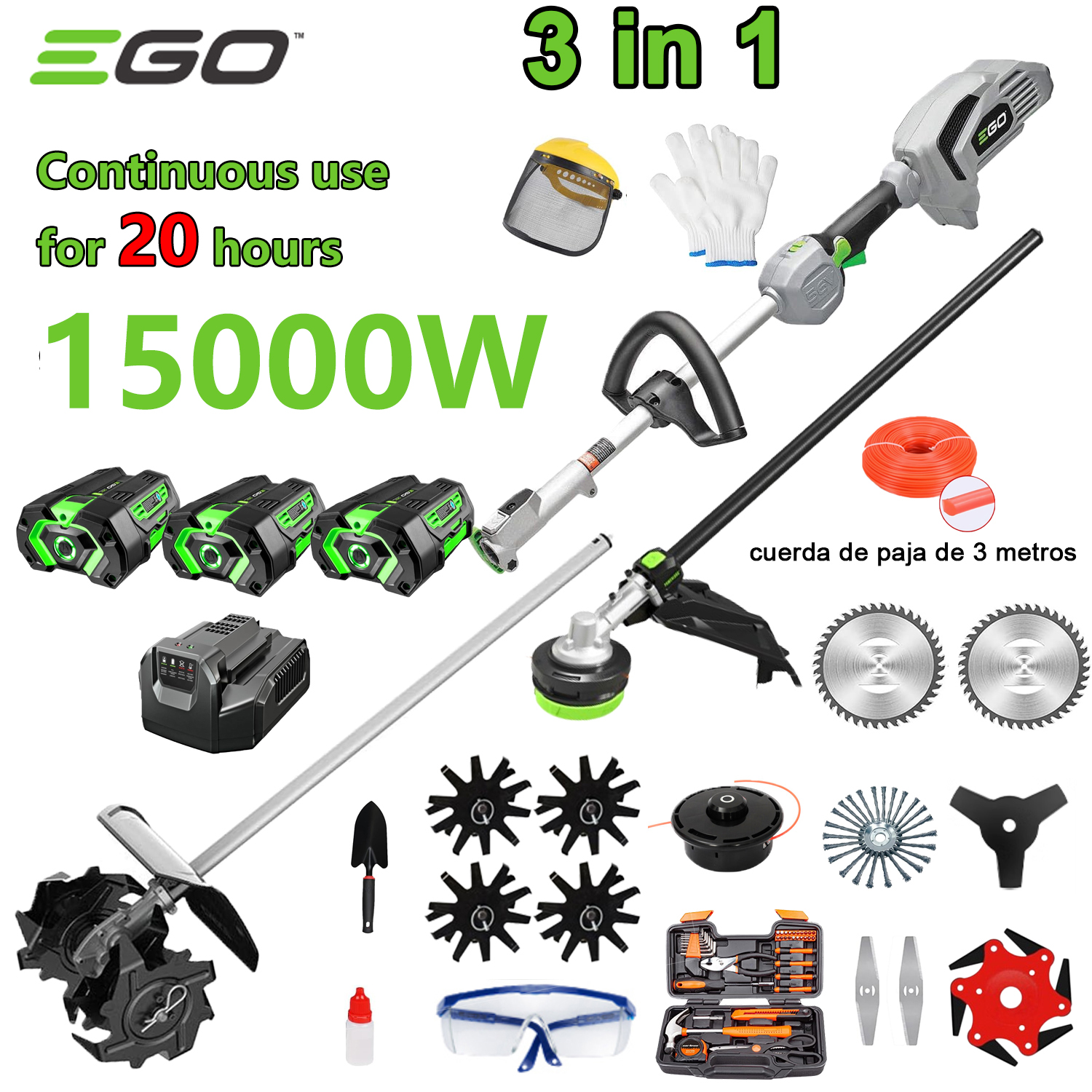 Potencia del cultivador 3 en 1 15000W (cortar, cortar árboles, arar, etc.) 3 baterías de 96V + carga rápida + cuchilla de dirección + cabezal de corte + cuerda de corte de 3 m + hoja de sierra de aleación + 3 cuchillos + 6 cuchillos + cuchillo recto + cabezal de cepillo para deshierbe + juego completo de accesorios